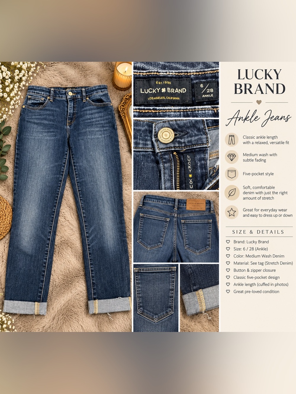 Lucky Brand Medium Blue Ankle Jeans with Faded Detailing